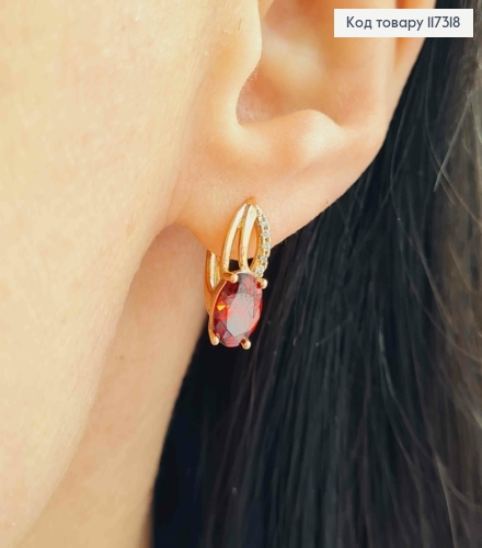 Серьги "Лепесток" с камешками и большим Красным камешком 1,7см, англ застежка, Xuping 18К 117318 фото 2