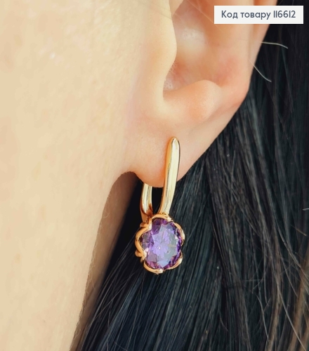 Серьги "Лотос" с насыщенным Фиолетовым камешком, 2см, англ. зам. Xuping 18К 116612 фото 2