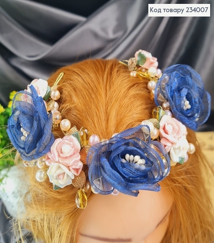 Гілочка  в волосся ручної роботи з синіми квітами 234007 фото 2