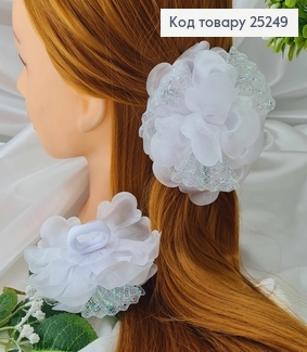 Резинка, Бант органза с блестящей сеткой, круглый, белого цвета, 10см, Ручная работа, Украина 276160 фото