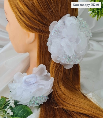 Резинка, Бант органза с блестящей сеткой, круглый, белого цвета, 10см, Ручная работа, Украина 276160 фото 1