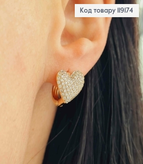 Сережки кільця (1,2см) "Серце" прикрашені Блискучими камінцями (1,1см),  XUPING 18К 119174 фото