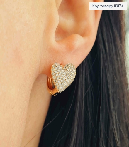 Сережки кільця (1,2см) "Серце" прикрашені Блискучими камінцями (1,1см),  XUPING 18К 119174 фото 1