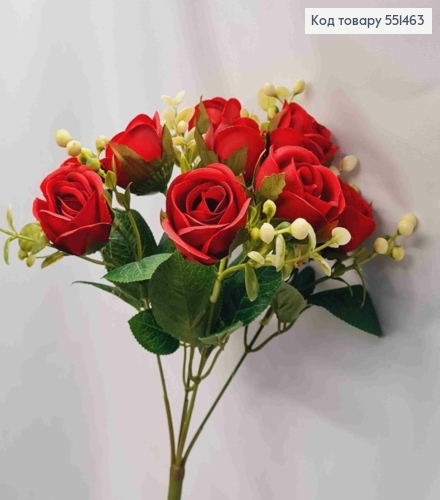 Штучна композиція Троянди, ЧЕРВОНОГО кольору, 5 гілочок, 10 квіточок на метал. стержні, висота 30см 551463 фото 1