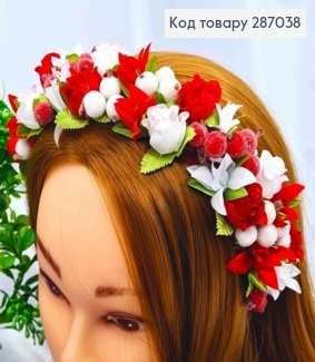 Обруч-венчик, плетеный, Розы с Калиной, КРАСНО-БЕЛОГО цвета, ручная работа, Украина. 287038 фото