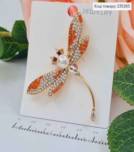 Брошь Стрекоза с бусинкой и камешками Оранжевого цвета 6*4,5см 235283 фото 1
