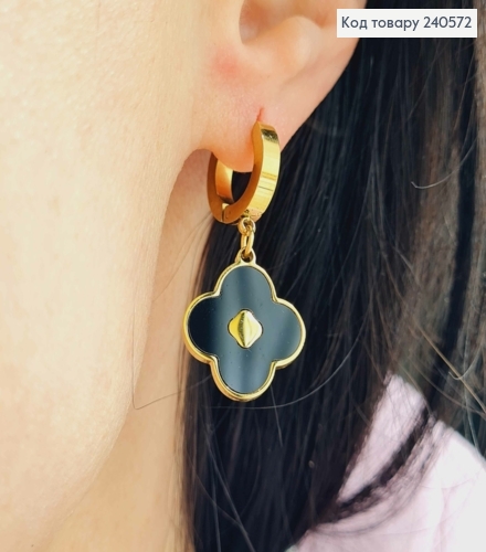 Серьги кольца, подвески Четырехлистники, с черной эмалью, 1,5см, лимонные, сталь Stainless Steel 260045 фото 1