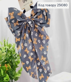 Бант СІРОГО кольору з принтом Ведмедики, на резинці 4см, тканина атлас, розмір 15*30см 251080 фото