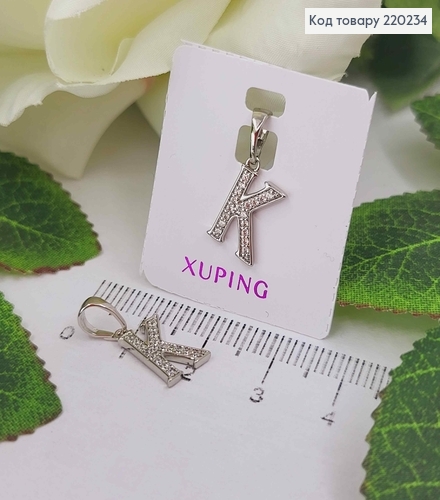 Кулон родований, Буква "K" в камінцях, 1см, Xuping  220234 фото 1